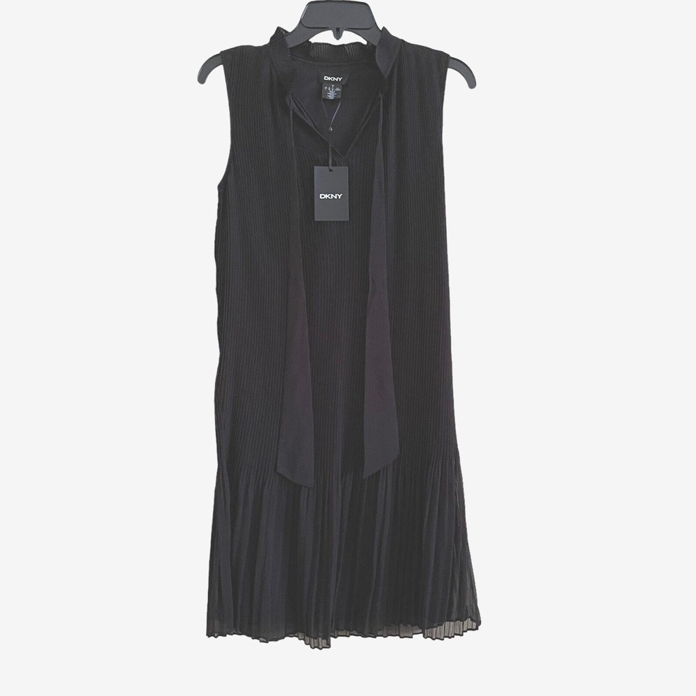 DKNY Pleated Tie-Neck Womens Dress Size 6 Sleeveless Black Chiffon NWT